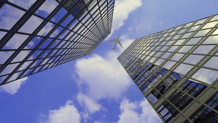 A jet plane flying over the top of two big city downtown skyscraper office buildings in a 3D illustration.の写真素材
