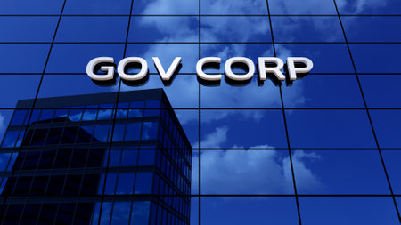 Skyscraper business office building with a generic gov corp or government corporation theme with cloud reflection as a 3d illustration.の写真素材