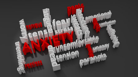 Feelings and symptoms for the anxiety medical disorder in a 3d illustration word cloud showing the rise and fall of the intensity of the symptoms associated with the condition.の写真素材