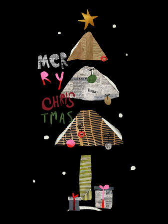 Merry Christmas card with hand drawn plus collage christmas tree, gifts and lettering.の写真素材
