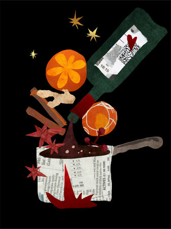 Illustration of a Christmas card with a bottle of wine and spices. Preparation of mulled wine , with spices, ginger and orangesの写真素材
