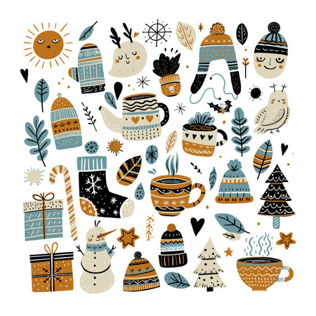 Cute hand drawn doodle winter elements. illustration.の写真素材