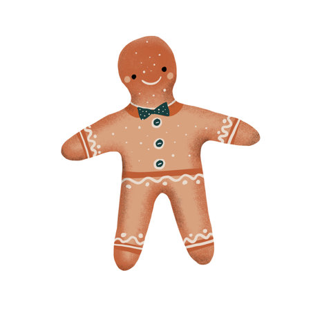 A festive gingerbread man cookie with classic icing details. Perfect for Christmas and winter holiday designs, cards, and decorationsの写真素材