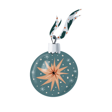 Illustration. Christmas bauble with a star-shaped decor in a muted turquoise and beige palette. Ideal for holiday designs, cards, and festive decorations.の写真素材
