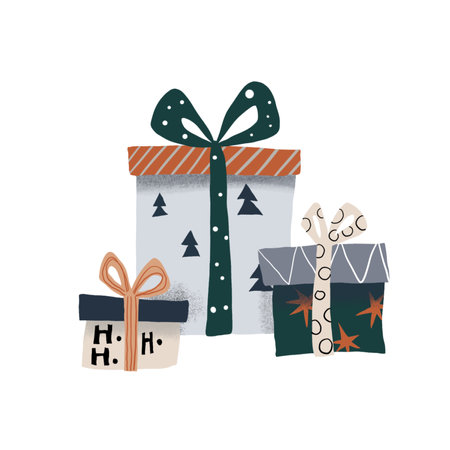 An illustration of three beautifully wrapped gifts in festive packaging. Perfect for holiday designs, Christmas cards, and gift-themed decorations.の写真素材