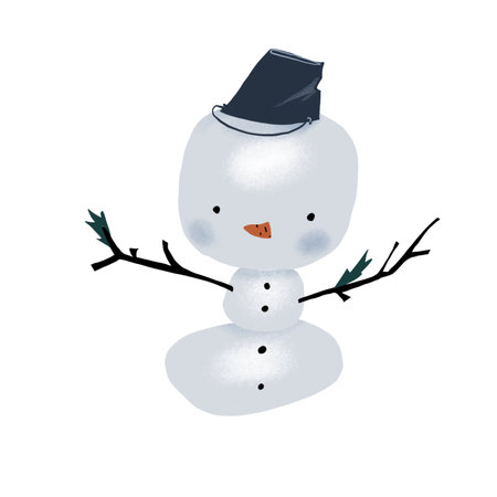 An illustration of a cute snowman with branch arms and a bucket as a hat. Perfect for winter and holiday designs, cards, and decorations.の写真素材