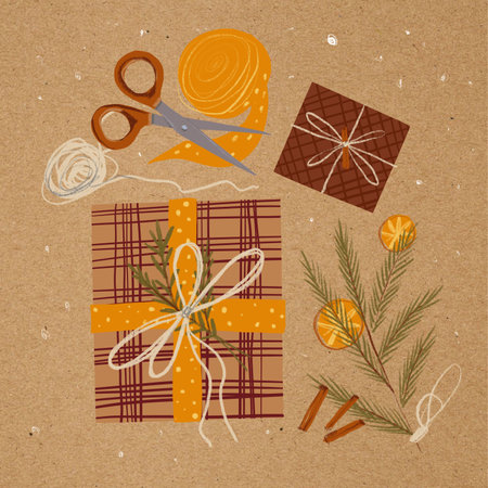 Illustration of three gifts wrapped in environmentally friendly materials. Natural elements such as greenery, berries and dried citrus are used.の写真素材