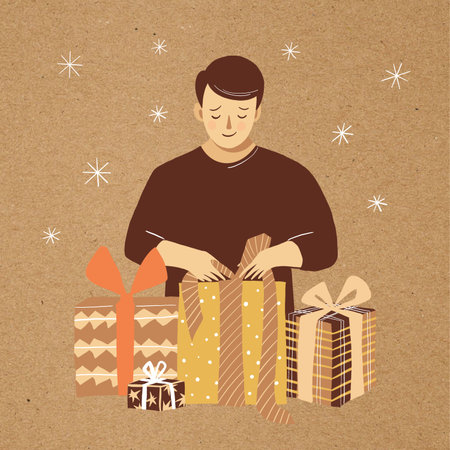 A serene illustration of a person wrapping gifts using eco-friendly materials, surrounded by festive boxes. The scene conveys the warmth and joy of holiday preparationsの写真素材
