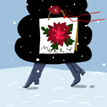 An illustration of a girl's feet in cozy winter boots, hurrying through the snow while carrying a gift bag adorned with a festive design. Perfect for winter holiday shopping and sの写真素材