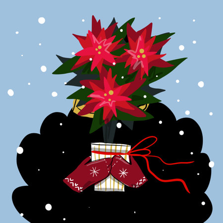 An illustration of a girl holding a poinsettia with falling snow in the background. The girl is dressed in winter clothing, evoking a festive mood. Perfect for Christmasの写真素材