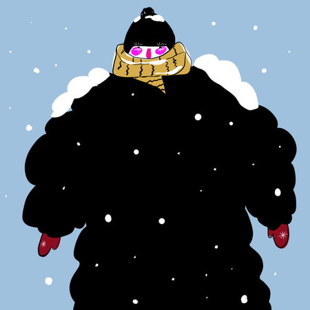 A girl in warm clothing, wrapped in a scarf, with frost on her lashes and snow on her clothes. Perfectly captures the essence of winter and cold climates.の写真素材