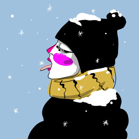 A profile illustration of a person catching snowflakes with their tongue. The person is wearing a black pom-pom hat and a yellow scarf, both covered in snow, with falling snowflakの写真素材