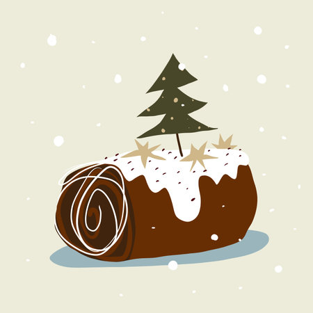 A festive Yule log, a traditional Christmas dessert, decorated with seasonal elements. This illustration fits perfectly into holiday greeting cards, decor, and seasonal projects.の写真素材