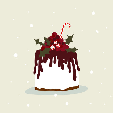 .A festive Christmas pie with traditional decorations holly berry and candy cane. This simple illustration symbolizes cozy winter treats. Perfect for holiday greeting cards,の写真素材