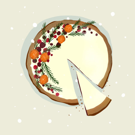 A festive Christmas pie with traditional decorations. This simple illustration symbolizes cozy winter treats. Perfect for holiday greeting cards,の写真素材