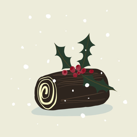 A festive Yule log, a traditional Christmas dessert, decorated with seasonal elements. This illustration fits perfectly into holiday greeting cards, decor, and seasonal projects.の写真素材