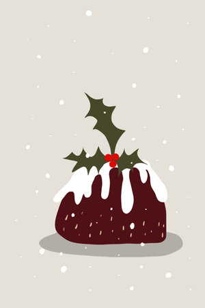 A minimalist illustration of a traditional Christmas pudding decorated with green branches and red berries on a light beige background. The muted color palette and flat design creaの写真素材