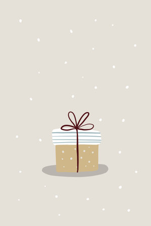 A minimalist illustration of a gift box adorned with a burgundy bow on a light beige background. The muted color palette and flat design create a festive mood.の写真素材