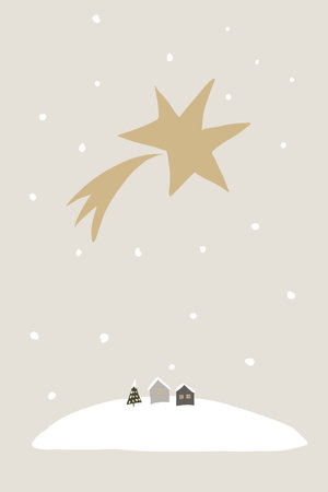 A minimalist illustration of a large Christmas star with two small houses and a tree surrounded by snow. The muted color palette and flat design create a cozy winter scene.の写真素材