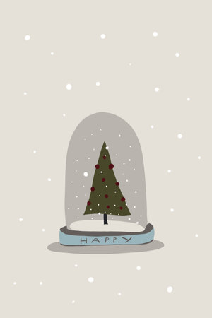 A minimalist illustration of a triangular Christmas tree under a glass dome surrounded by snow, with a "Happy" sign on the base. The muted color palette and flat design cの写真素材