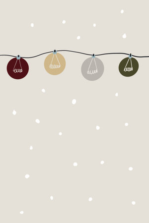 A minimalist illustration of four light bulbs hanging on a horizontal black wire. The light beige background and muted color palette create a cozy festive atmosphere.の写真素材