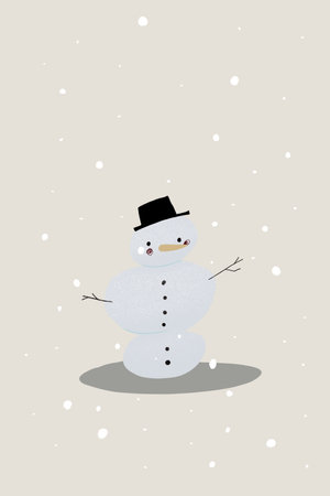 A minimalist illustration of a snowman in a black hat on a light beige background. The muted color palette and the illusion of falling snow create a cozy winter atmosphere. Flatの写真素材