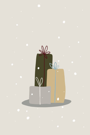 A minimalist illustration featuring three gifts on a light beige background. The illusion of falling snow evokes a festive winter mood. Flat design and muted colors.の写真素材