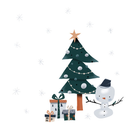 A minimalist illustration featuring a decorated Christmas tree with a star on top, three wrapped gifts, and a cute snowman figure. The muted color palette, snowflake backgroundの写真素材
