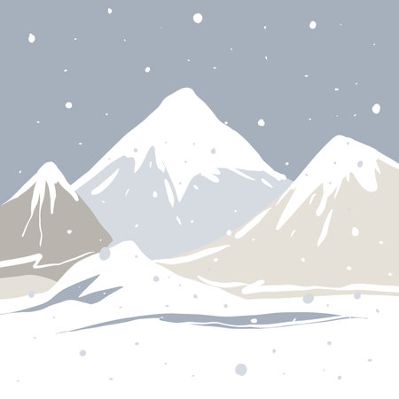 Snowy mountains in the winter. A minimalist illustration of a mountain winter landscape background. The muted gray-beige color palette creates a calm, simple atmosphereの写真素材