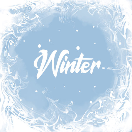 A minimalist illustration with the white text "Winter" on a blue background. The illustration is framed with a design resembling frost on a window, evoking a cold winter atmosphereの写真素材