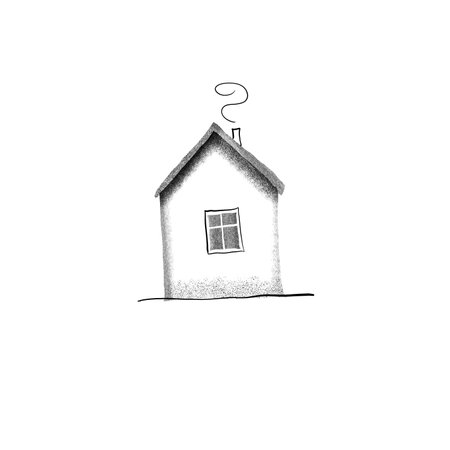 A minimalist stencil illustration of a house with a triangle roof and smoke rising from the chimney. Black ink and simple shapes create a modern, eco-friendly design.の写真素材