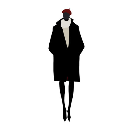 Flat style illustration: a woman in a burgundy beret, light turtleneck sweater, black coat, and black tights. Minimalist graphic design on a white background, showcasing a chicの写真素材