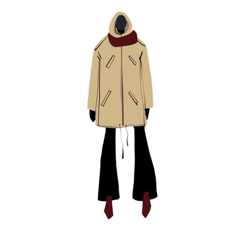 Flat style illustration: a woman in a beige hooded windbreaker, burgundy shoes, burgundy snood, and black flared pants. Minimalist graphic design on a white background, showcasingの写真素材