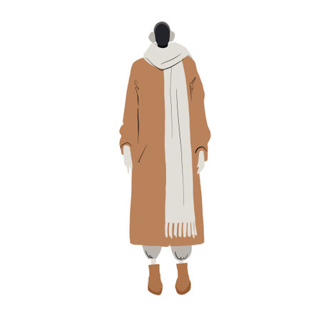 Flat style illustration: a woman in a long beige coat, oversized scarf, warm earmuffs, and Ugg boots. Minimalist graphic design on a white background, showcasing a cozy and stylishの写真素材
