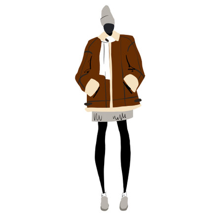 Flat style illustration: a woman in a shearling pilot jacket, winter hat, and white scarf. Minimalist graphic on a white background, representing a chic and cozy winter fashion looの写真素材