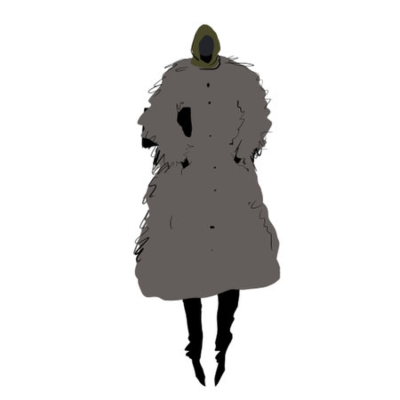 Flat style illustration: a woman in a winter fur coat, black boots, and holding a black clutch. Simple graphic design on a white background, showcasing minimalism and eleganceの写真素材