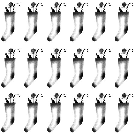 A minimalist stencil seamless pattern featuring repeating Santa Claus stockings. Linear and simple design in black ink, creating a modern and stylish pattern.の写真素材