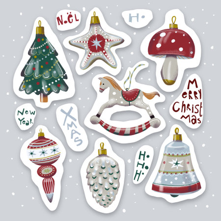 Sticker pack featuring seven retro Christmas ornaments: a Christmas tree, rocking horse, bell, pine cone, star. Each design has muted, intricate colors, perfect for adding a vintageの写真素材