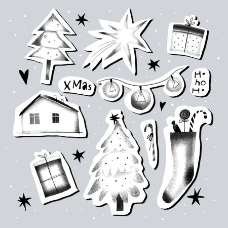 A minimalist stencil sticker pack featuring 9 elements such as a Christmas tree, gift, string lights, star, house, Santa's stocking, and 2 text elements. Black inkの写真素材