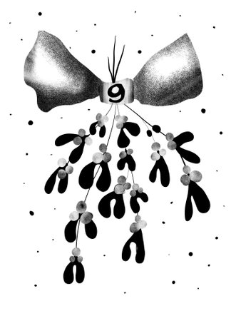 A minimalist stencil illustration of a sprig of mistletoe tied with a ribbon featuring the number 9. Black-and-white graphic, element number 9 of the advent calendar.の写真素材