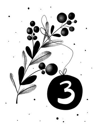 A minimalist stencil illustration of a branch with berries and an ornament featuring the number 3. Black-and-white graphic, element number 3 of the advent calendar.の写真素材