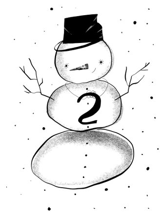 A minimalist stencil illustration of a snowman with a bucket on his head and branch arms. Black-and-white graphic, element number 2 of the advent calendar.の写真素材