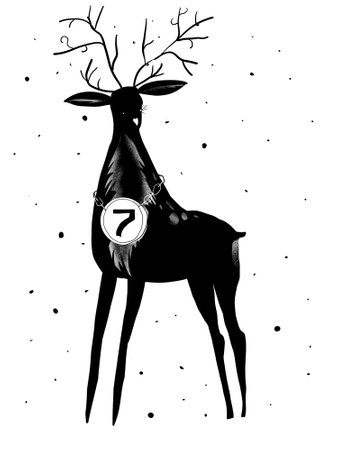 A minimalist stencil illustration of a standing reindeer with a medal around its neck featuring the number 7. Black-and-white graphic, element number 7 of the advent calendar.の写真素材