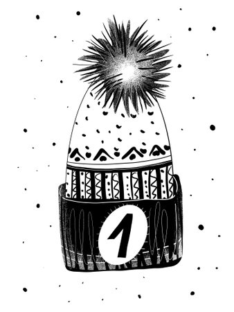 A minimalist stencil illustration of a knitted hat with a pom-pom and snow dots on a white background. Black-and-white graphic, element number 1 of the advent calendar.の写真素材