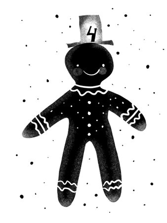 A minimalist stencil illustration of a gingerbread man wearing a hat. Black-and-white graphic, element number 4 of the advent calendar.の写真素材