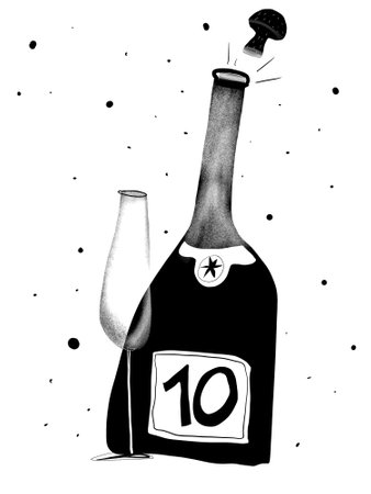 A minimalist stencil illustration of a champagne bottle with a popping cork and a glass. Black-and-white graphic, element number 10 of the advent calendar.の写真素材