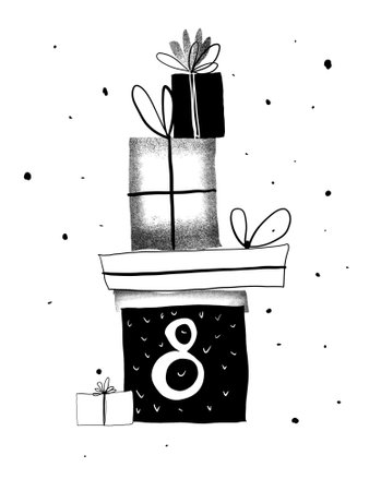 A minimalist stencil illustration of a stack of wrapped gifts. Black-and-white graphic, element number 8 of the advent calendar.の写真素材
