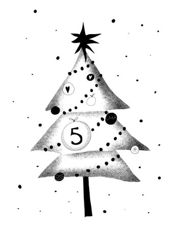 A minimalist stencil illustration of a decorated Christmas tree with a star on top. Black-and-white graphic, element number 5 of the advent calendar.の写真素材