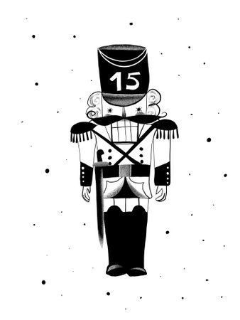 A minimalist stencil illustration of a Nutcracker figurine, day number 15. Black-and-white graphic in a modern advent calendar style.の写真素材