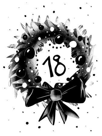 A minimalist stencil illustration of a Christmas wreath with a bow, day number 18. Black-and-white graphic in a modern advent calendar style.の写真素材
